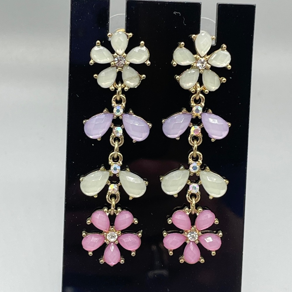 Pastel Floral Drop Earrings Gold Tone Pink Lavender Cream Rhinestone Dangle